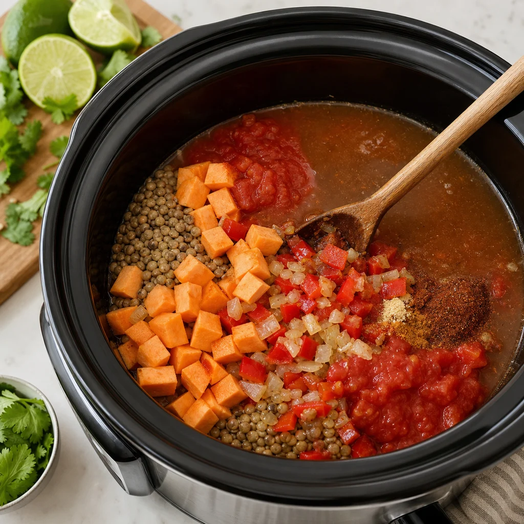 Slow Cooker Vegan Lentil and Sweet Potato Chili cooking in the recommended pan or pot