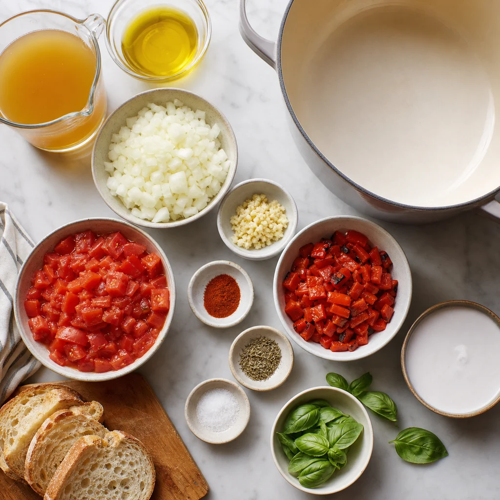 Ingredients for One-Pot Creamy Roasted Red Pepper and Tomato Soup