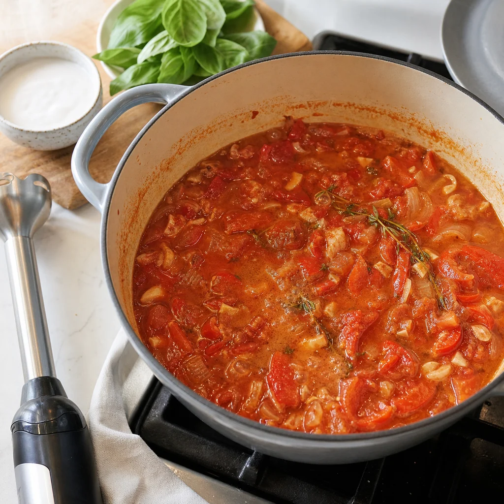 One-Pot Creamy Roasted Red Pepper and Tomato Soup cooking in the recommended pan or pot