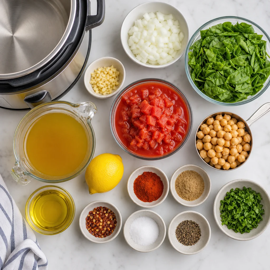 Ingredients for Instant Pot Mediterranean Chickpea and Spinach Stew