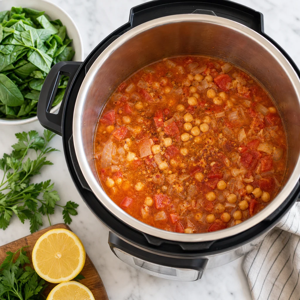 Instant Pot Mediterranean Chickpea and Spinach Stew cooking in the recommended pan or pot