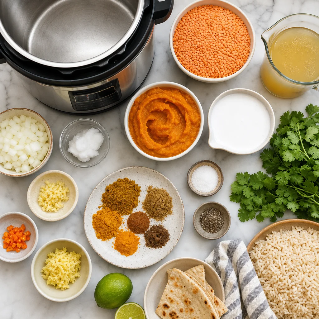 Ingredients for Instant Pot Spiced Coconut Pumpkin Dahl with Red Lentils