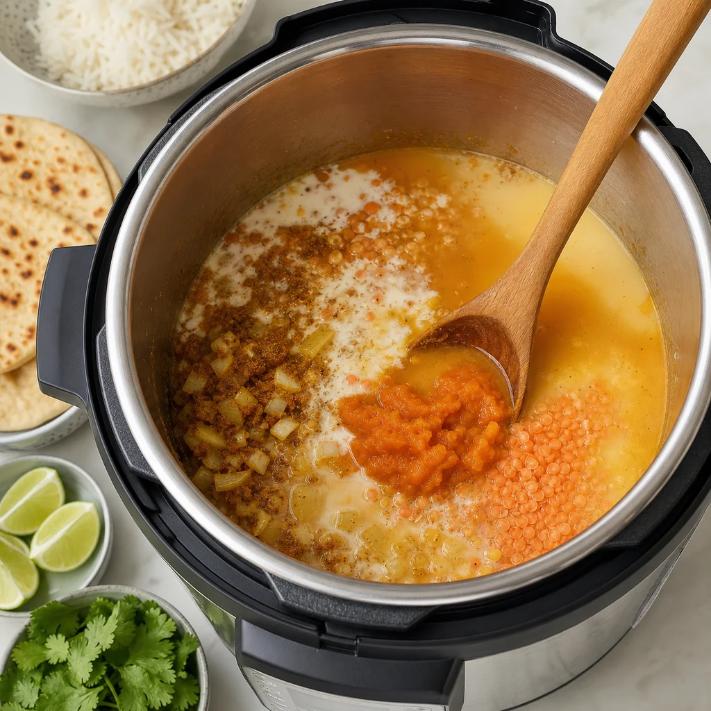 Instant Pot Spiced Coconut Pumpkin Dahl with Red Lentils cooking in the recommended pan or pot
