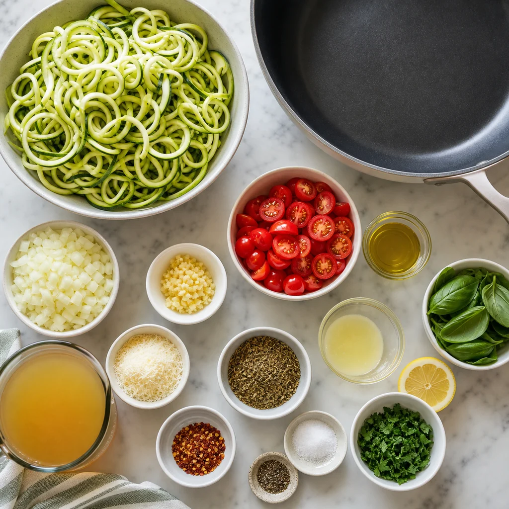 Ingredients for One-Pot Zucchini Noodle Primavera with Cherry Tomatoes