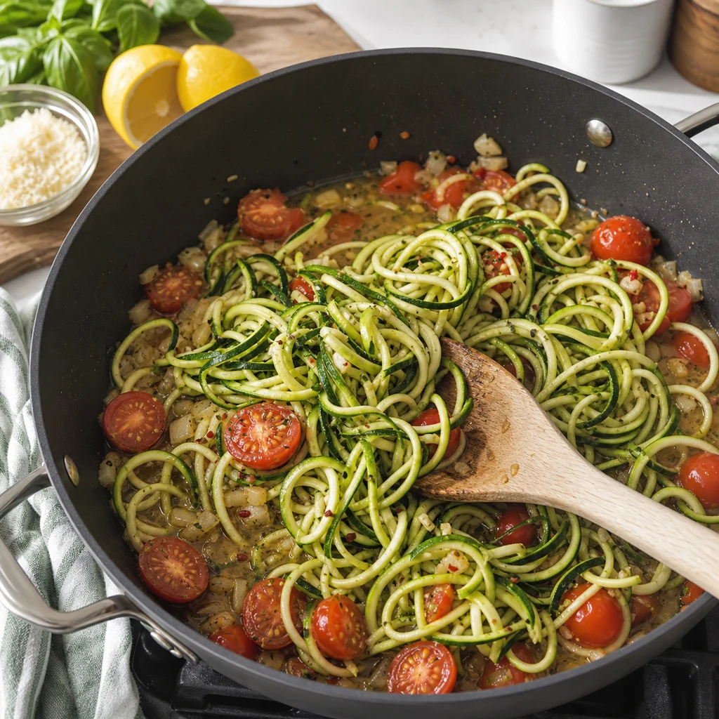 One-Pot Zucchini Noodle Primavera with Cherry Tomatoes cooking in the recommended pan or pot