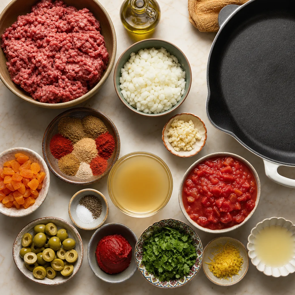 Ingredients for Skillet Moroccan-Spiced Lamb and Apricot Tagine