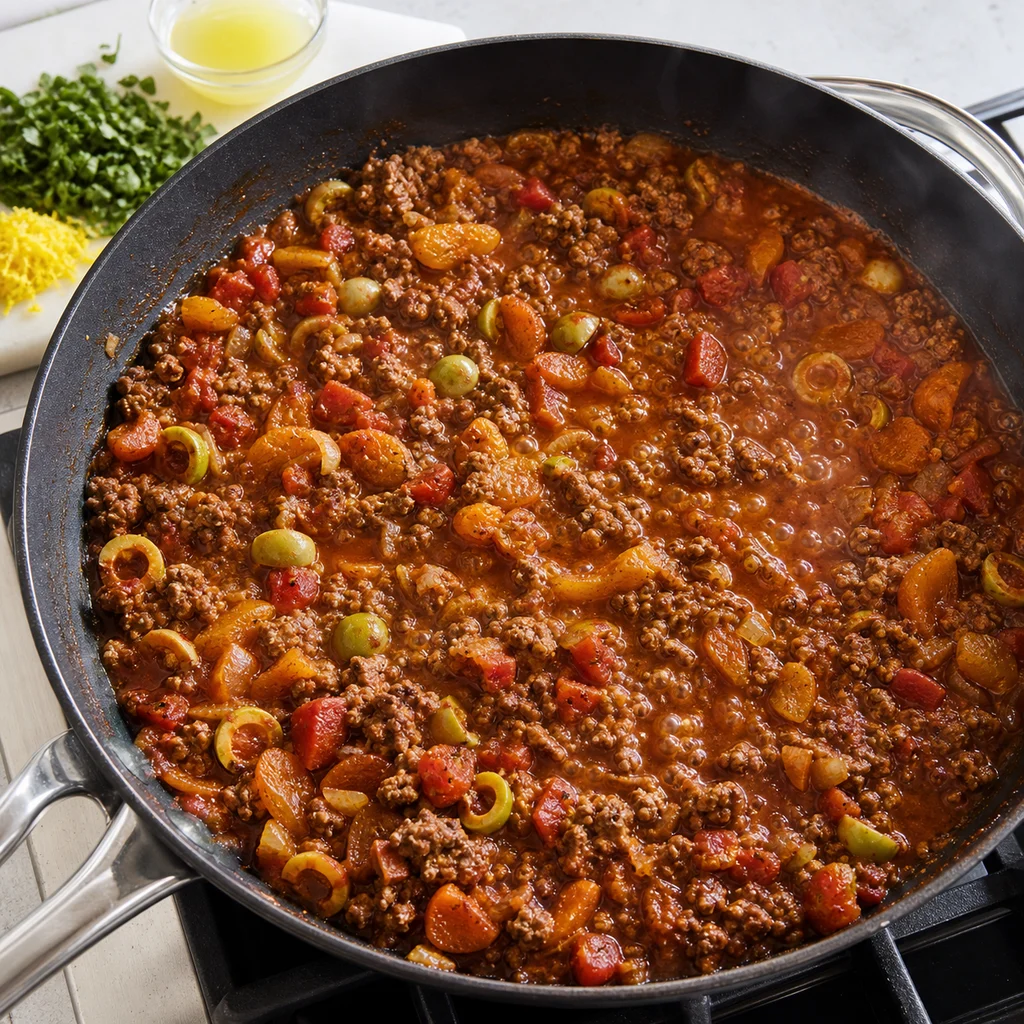 Skillet Moroccan-Spiced Lamb and Apricot Tagine cooking in the recommended pan or pot