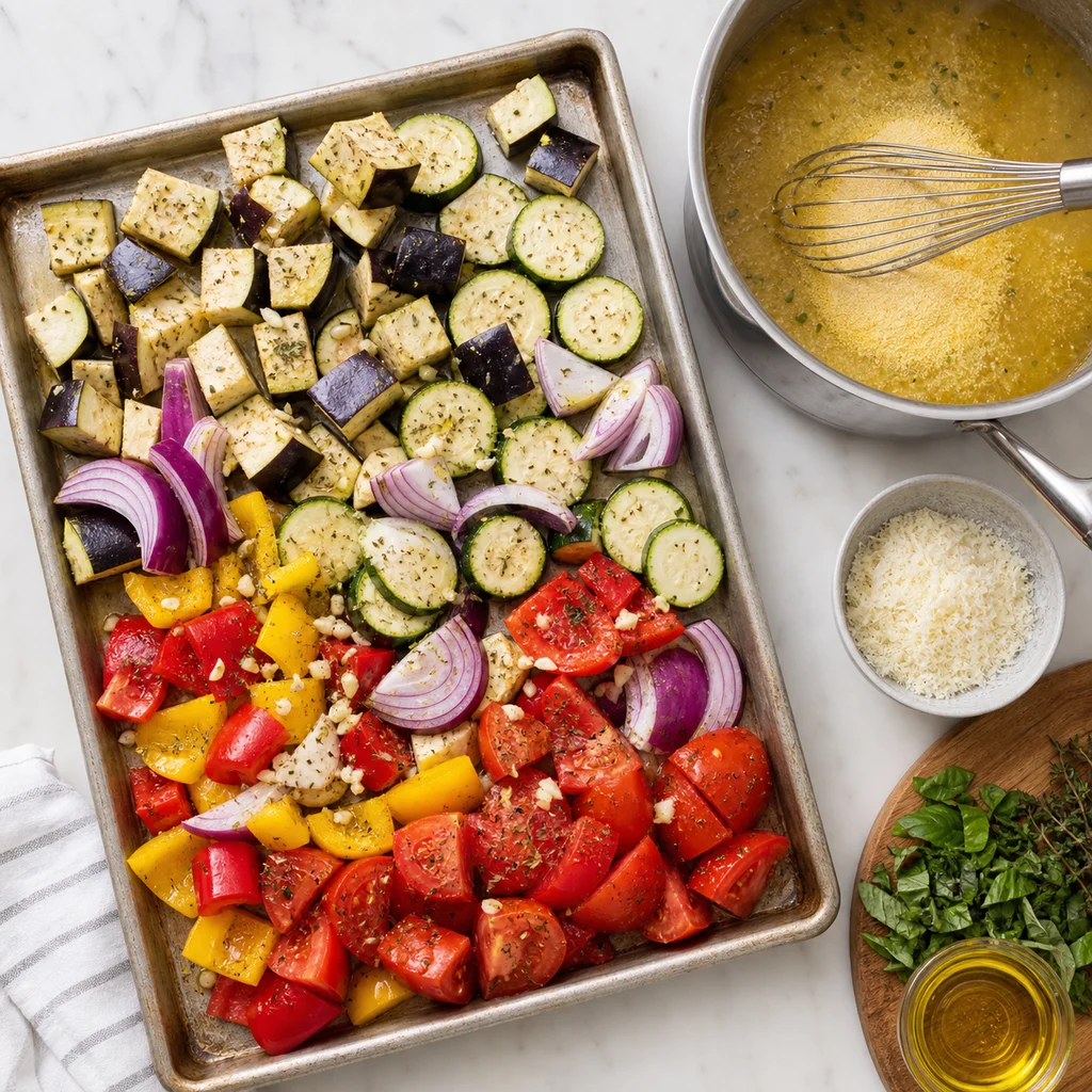 One-Pan Sheet Pan Ratatouille with Herbed Polenta cooking in the recommended pan or pot