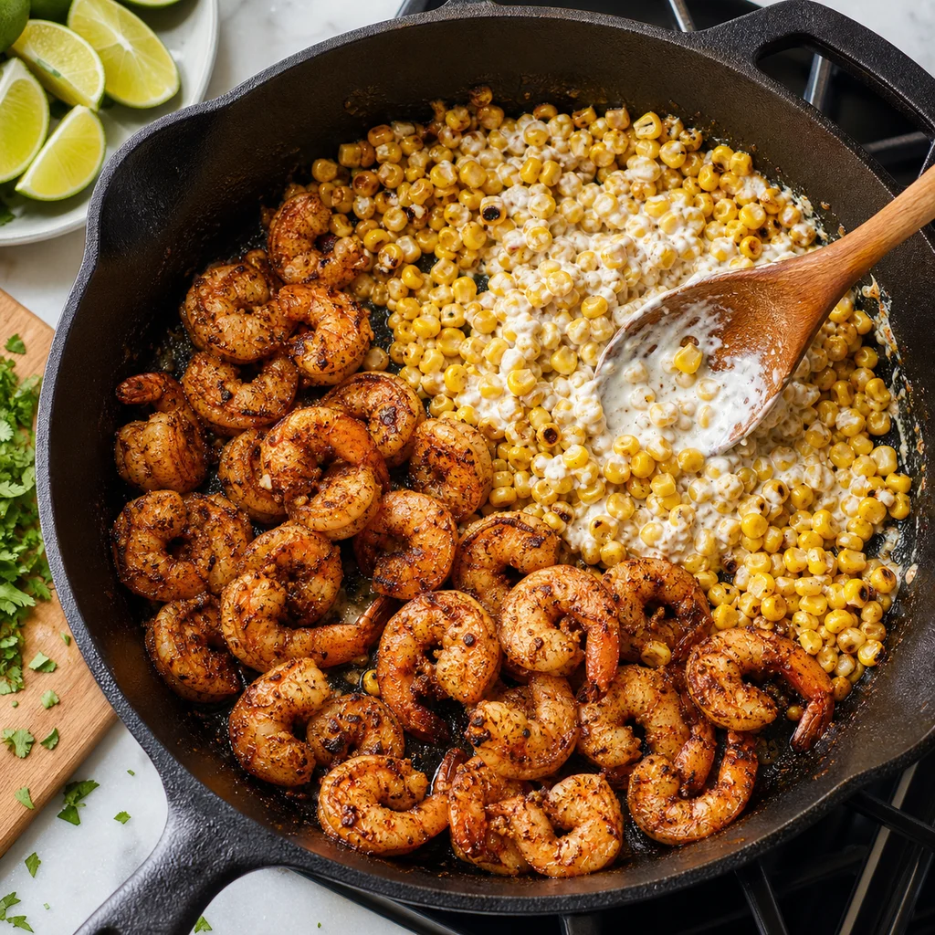 One-Pan Chili Lime Grilled Shrimp with Mexican Street Corn cooking in the recommended pan or pot
