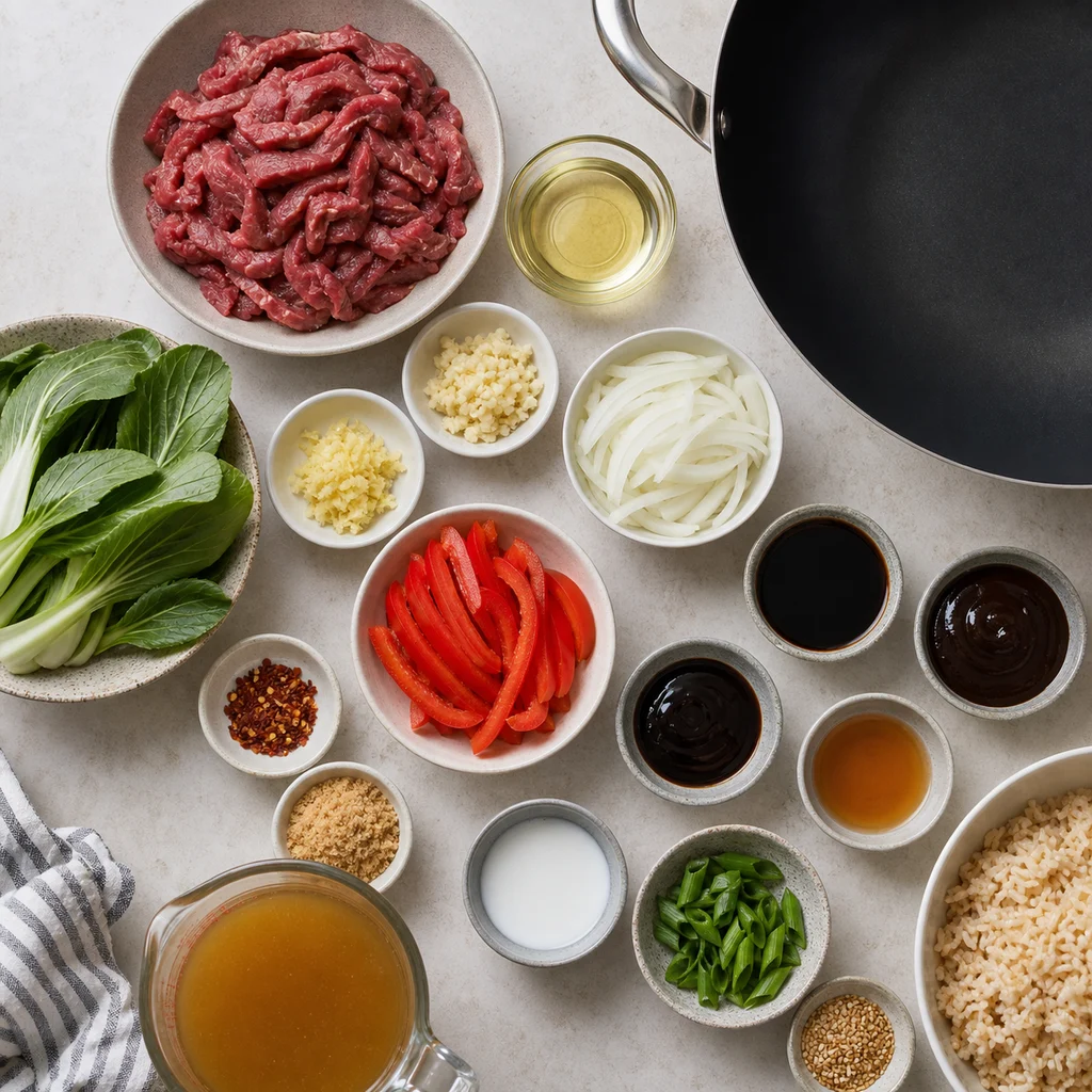 Ingredients for One-Pot Asian-Inspired Ginger Beef and Bok Choy Stir-Fry