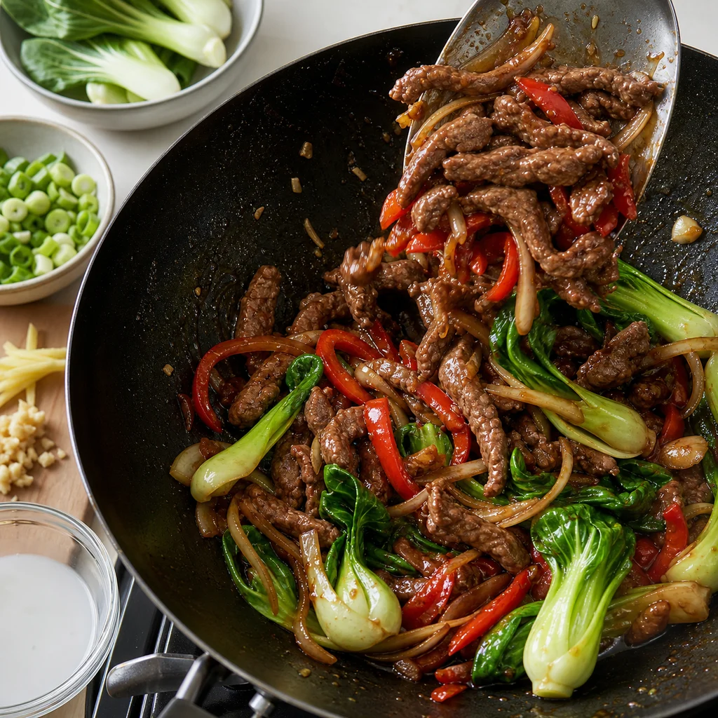 One-Pot Asian-Inspired Ginger Beef and Bok Choy Stir-Fry cooking in the recommended pan or pot