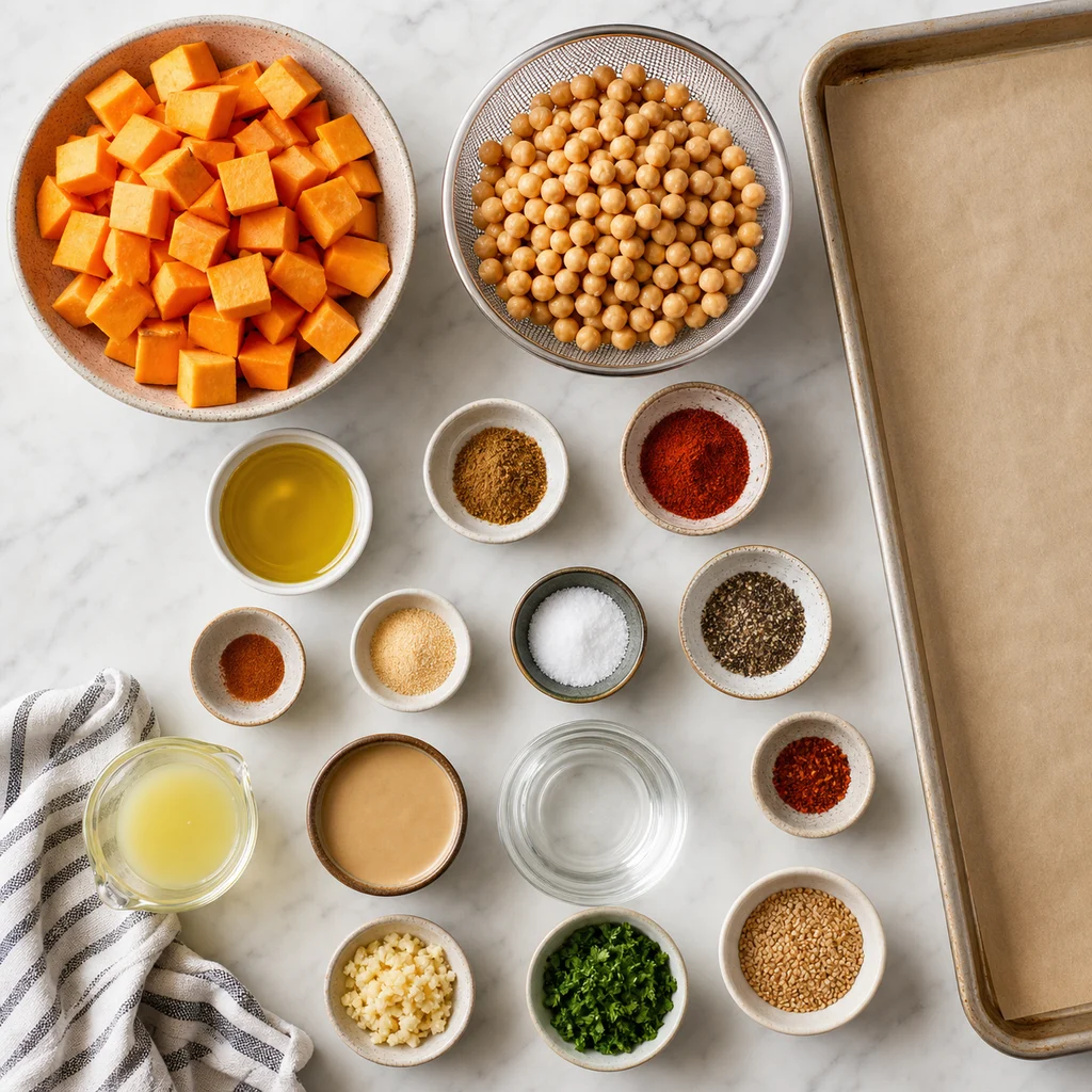 Ingredients for Sheet Pan Roasted Chickpea and Butternut Squash with Tahini Drizzle