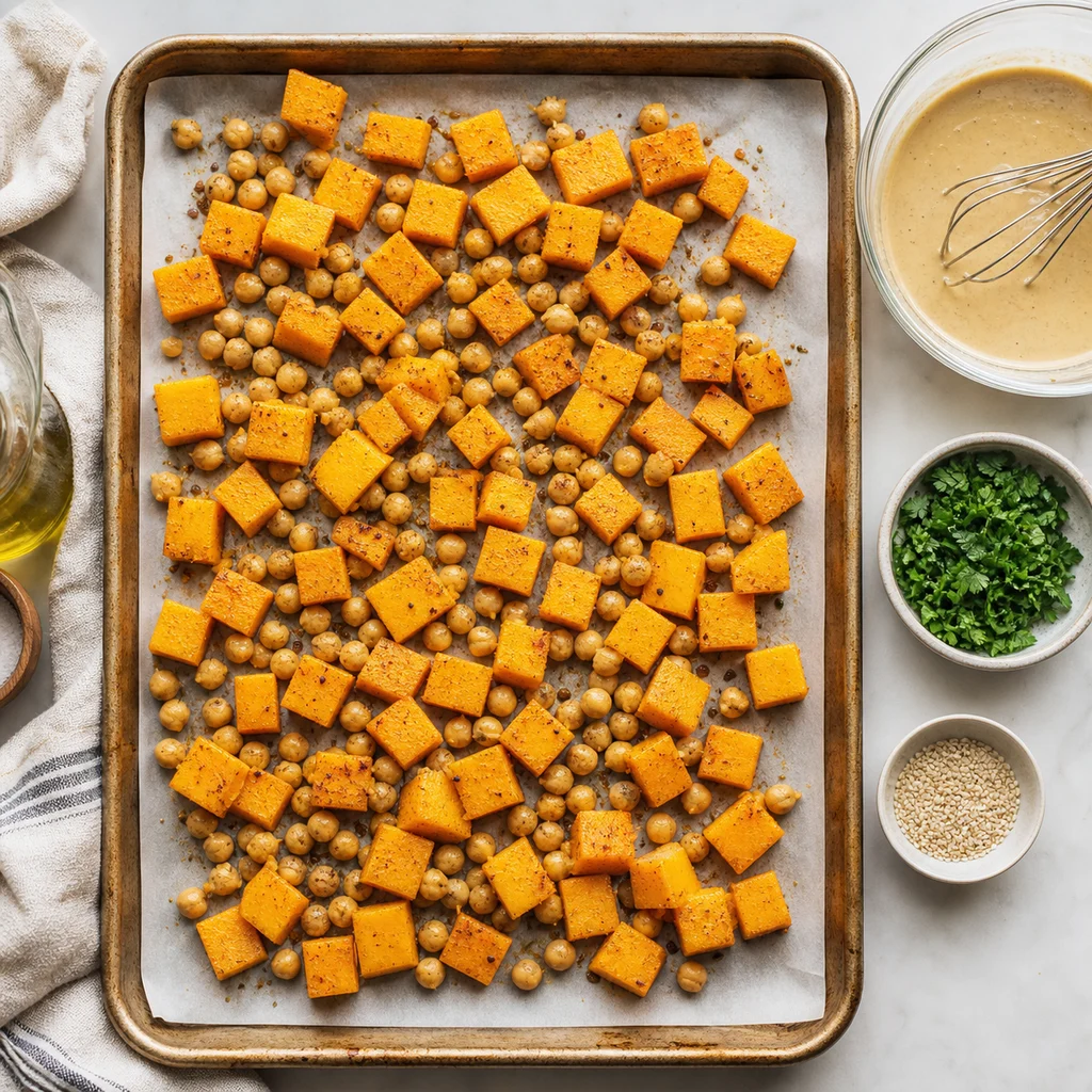 Sheet Pan Roasted Chickpea and Butternut Squash with Tahini Drizzle cooking in the recommended pan or pot
