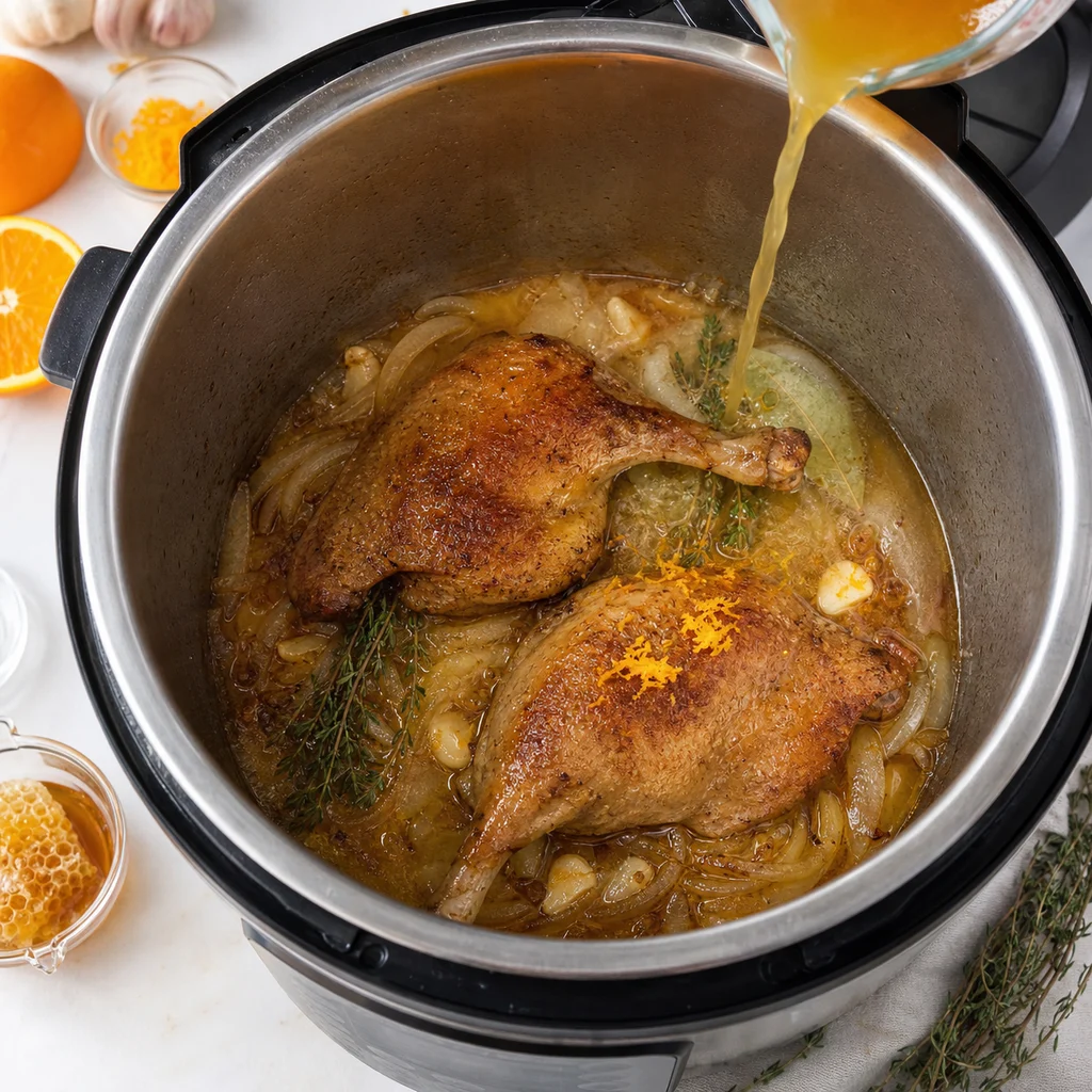 Instant Pot Spiced Orange-Glazed Duck Leg Confit cooking in the recommended pan or pot