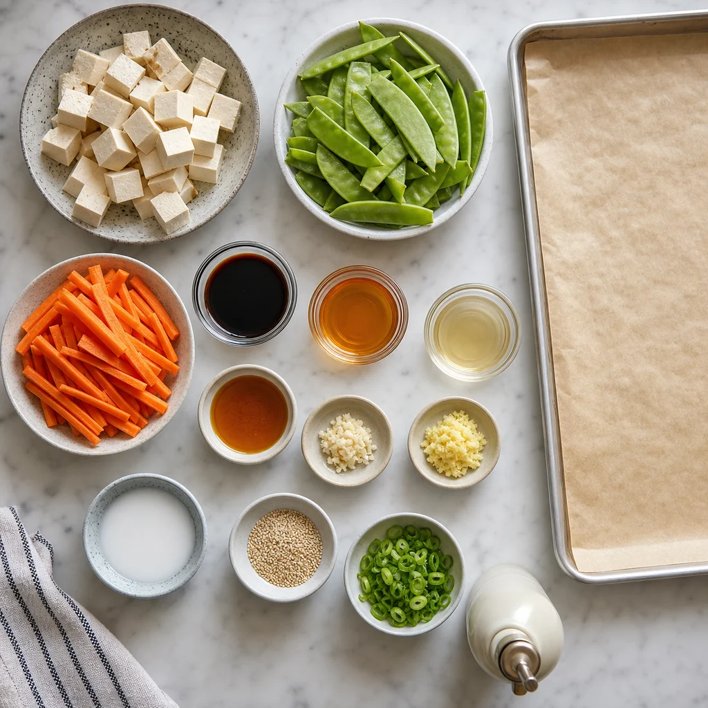 Ingredients for Sheet Pan Teriyaki Glazed Tofu with Roasted Snow Peas and Carrots