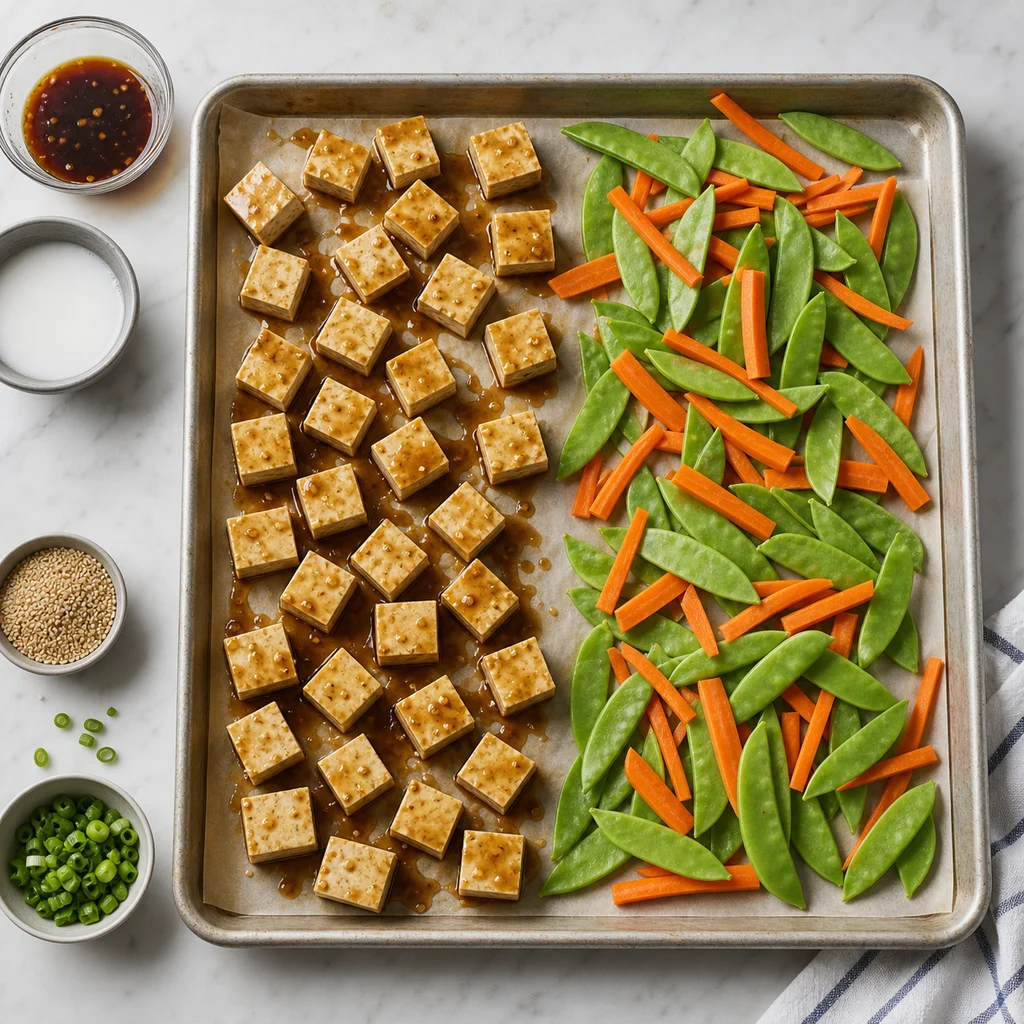 Sheet Pan Teriyaki Glazed Tofu with Roasted Snow Peas and Carrots cooking in the recommended pan or pot