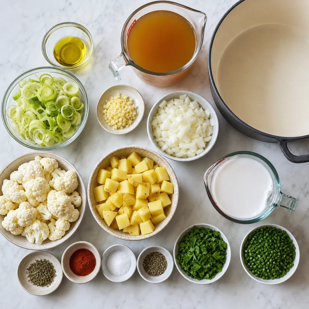 Ingredients for One-Pot Creamy Cauliflower and Leek Chowder