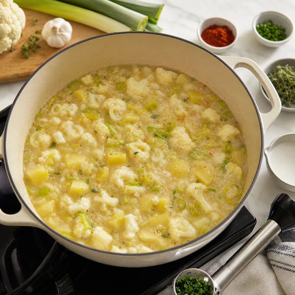 One-Pot Creamy Cauliflower and Leek Chowder cooking in the recommended pan or pot