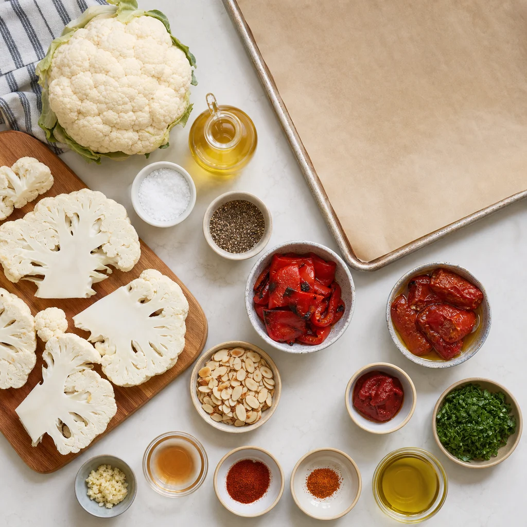 Ingredients for Sheet Pan Roasted Cauliflower Steaks with Romesco Sauce