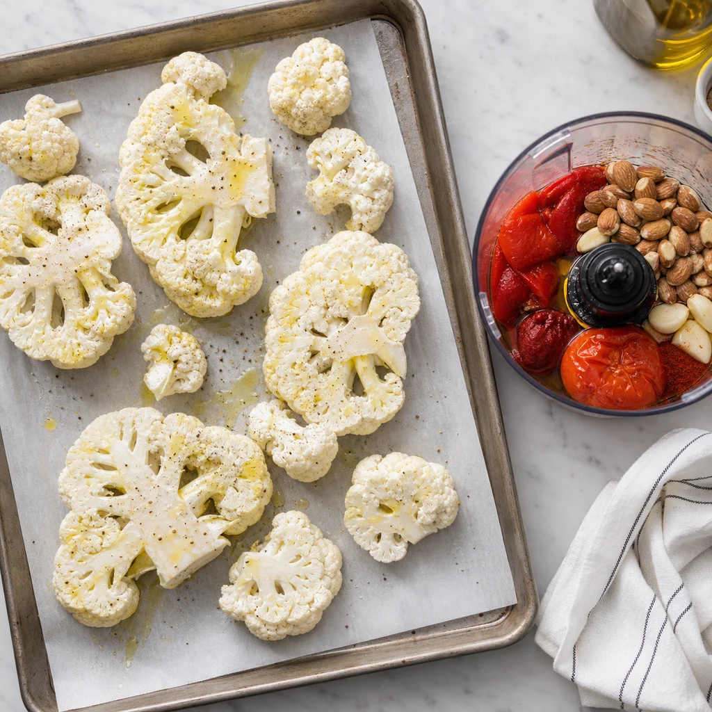 Sheet Pan Roasted Cauliflower Steaks with Romesco Sauce cooking in the recommended pan or pot