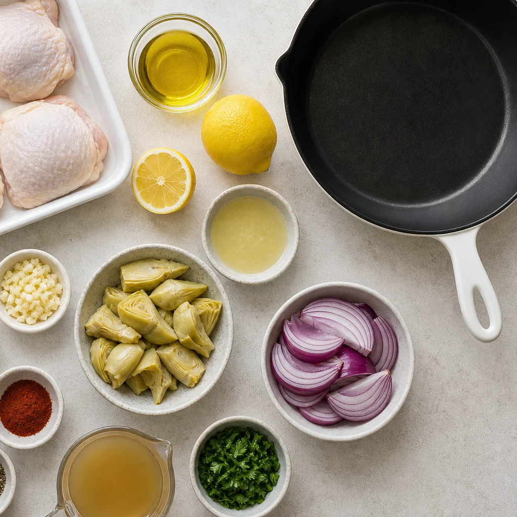Ingredients for One-Pan Greek Lemon Oregano Chicken with Roasted Artichokes