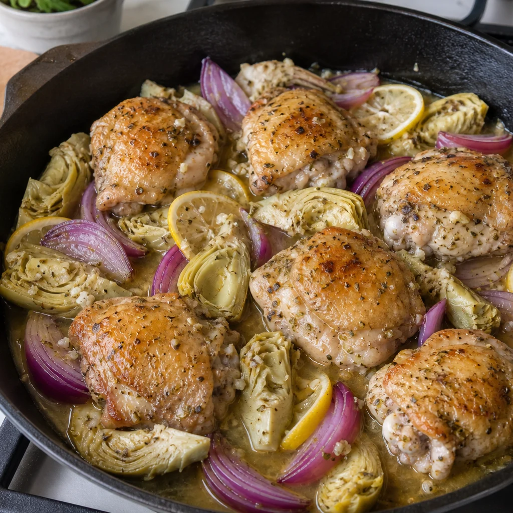 One-Pan Greek Lemon Oregano Chicken with Roasted Artichokes cooking in the recommended pan or pot
