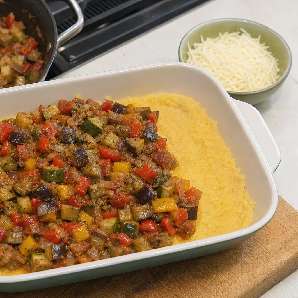 Casserole Layered Ratatouille with Polenta Crust cooking in the recommended pan or pot