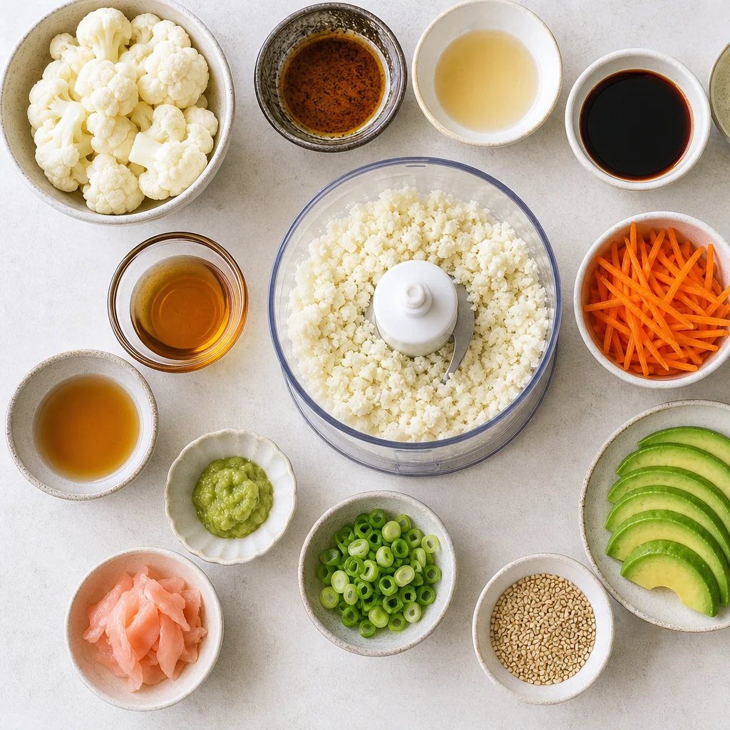 Ingredients for Low-Carb Pescatarian Cauliflower Rice Sushi Bowls
