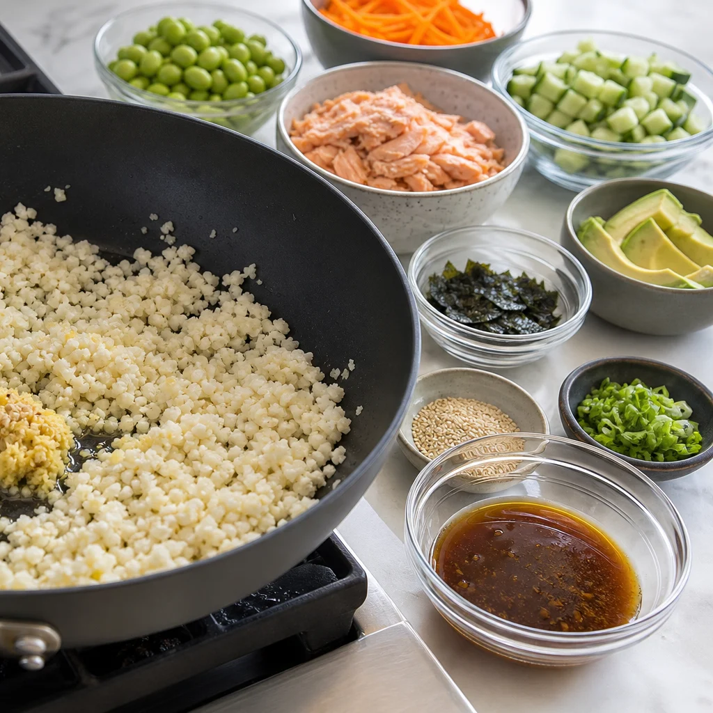 Low-Carb Pescatarian Cauliflower Rice Sushi Bowls cooking in the recommended pan or pot