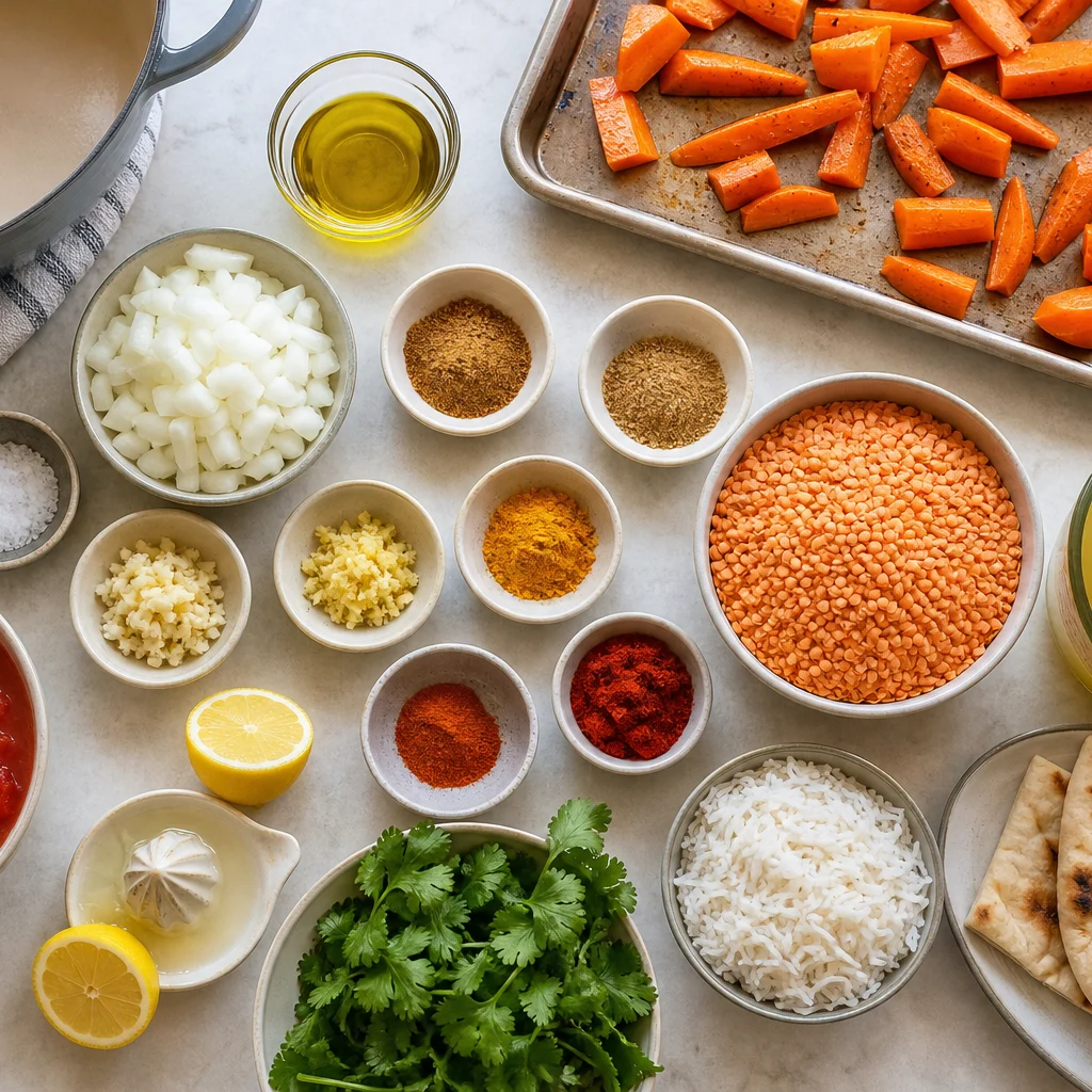 Ingredients for One-Pot Lentil and Roasted Carrot Dahl