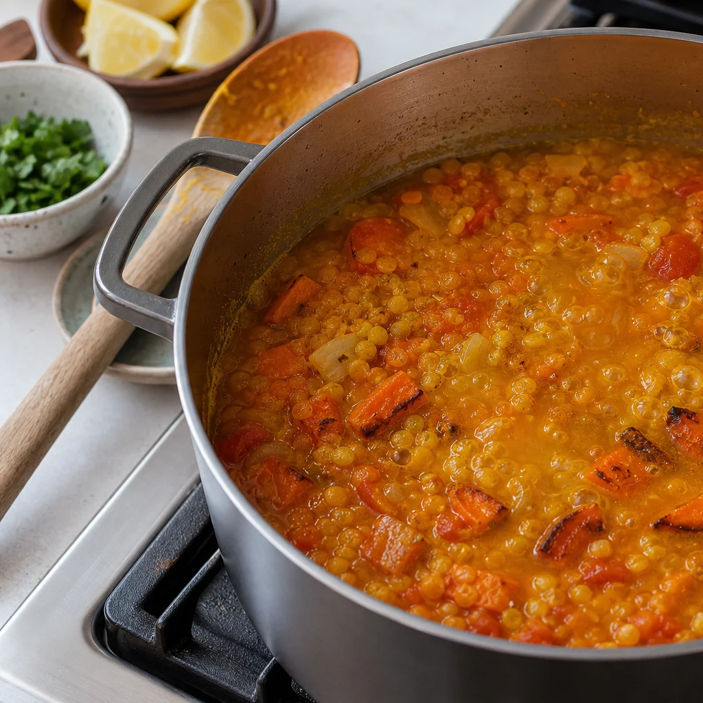 One-Pot Lentil and Roasted Carrot Dahl cooking in the recommended pan or pot