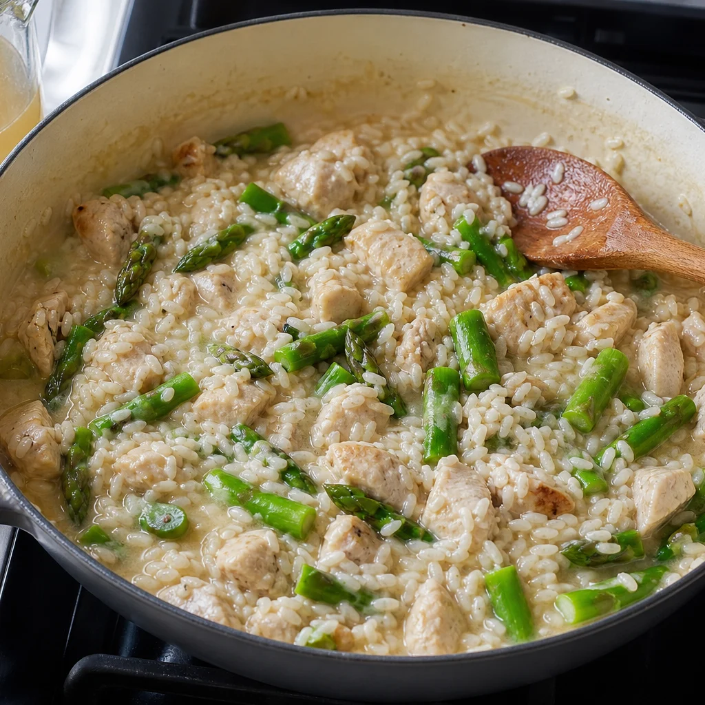 One-Pot Creamy Chicken and Asparagus Risotto cooking in the recommended pan or pot