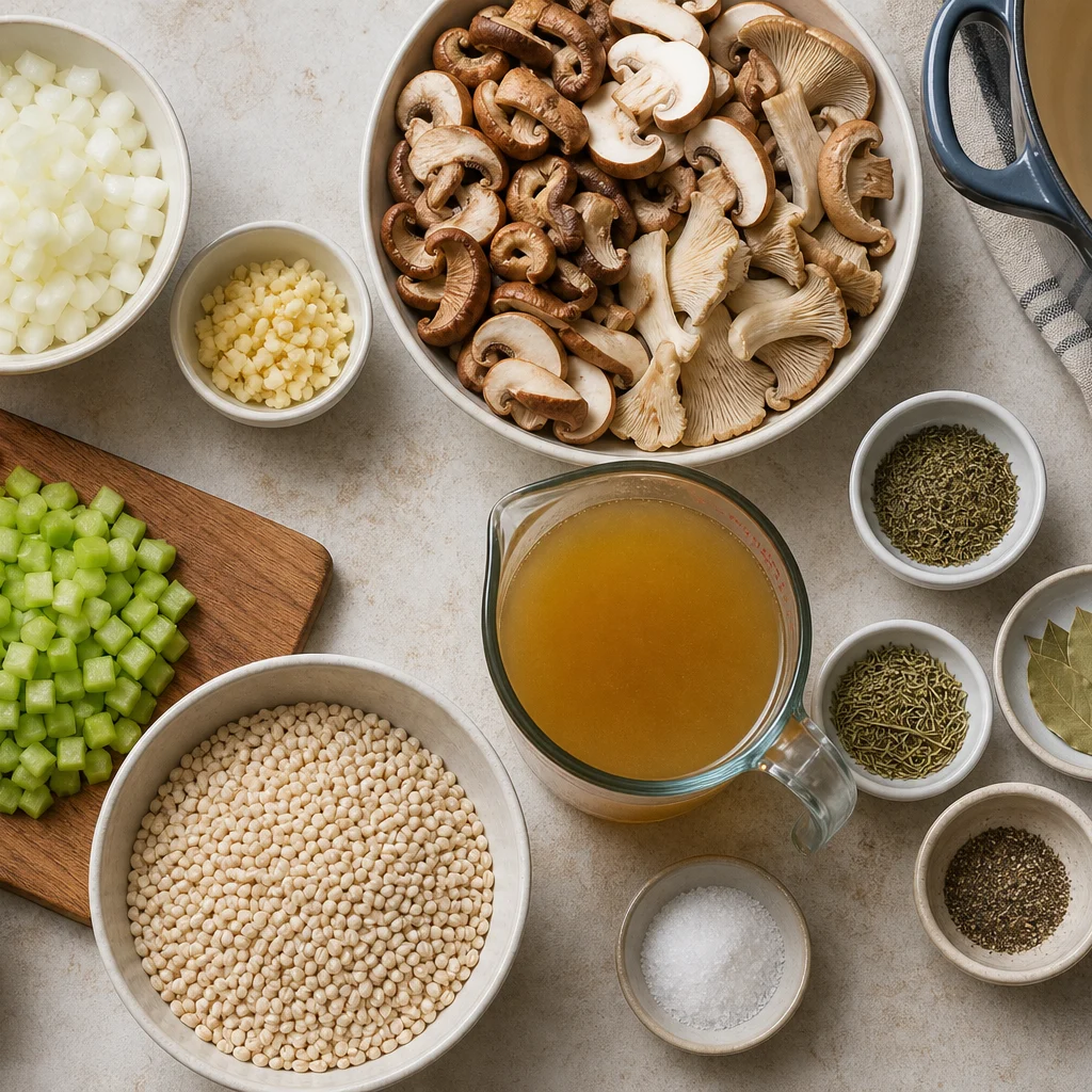Ingredients for One-Pot Rustic Wild Mushroom and Barley Soup