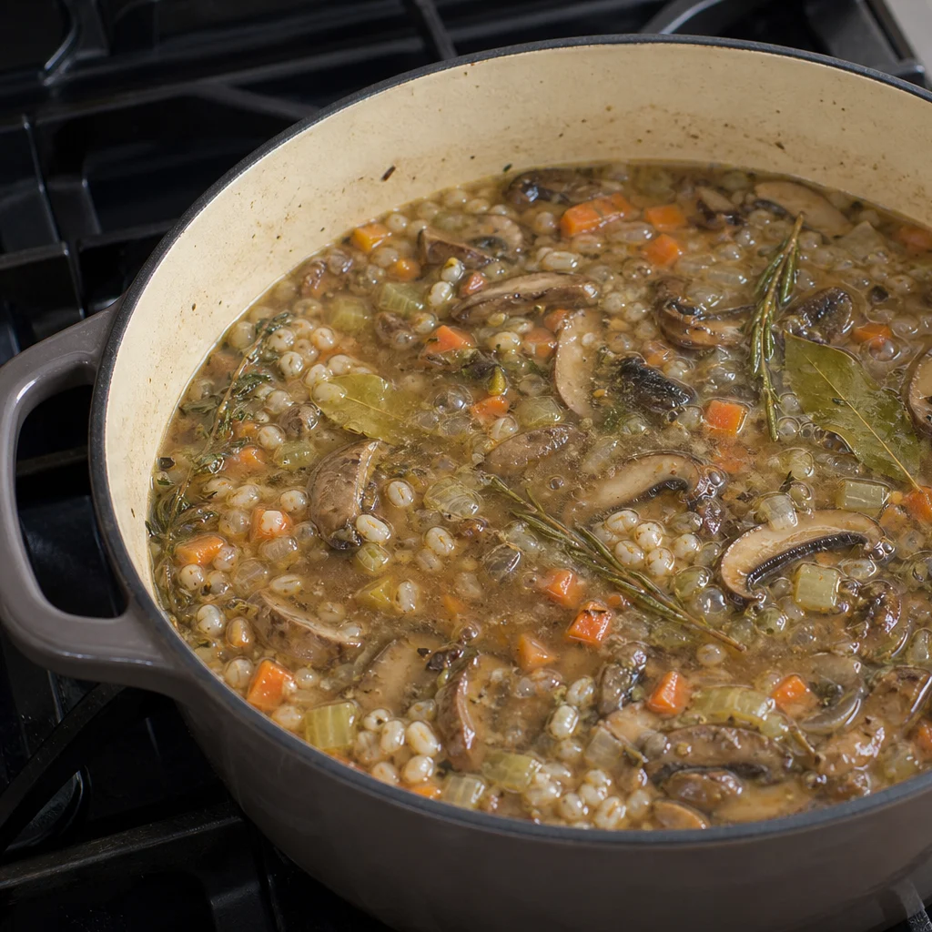 One-Pot Rustic Wild Mushroom and Barley Soup cooking in the recommended pan or pot