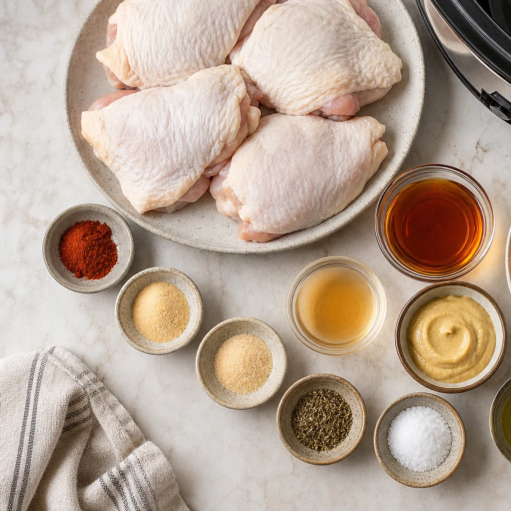 Ingredients for Slow Cooker Maple Dijon Chicken Thighs with Roasted Sweet Potatoes