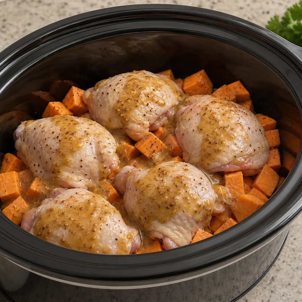 Slow Cooker Maple Dijon Chicken Thighs with Roasted Sweet Potatoes cooking in the recommended pan or pot