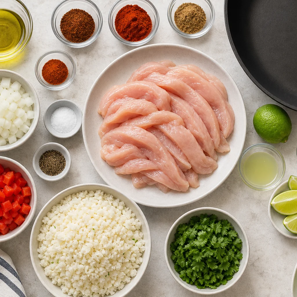 Ingredients for Skillet Spicy Cilantro Lime Chicken with Cauliflower Rice