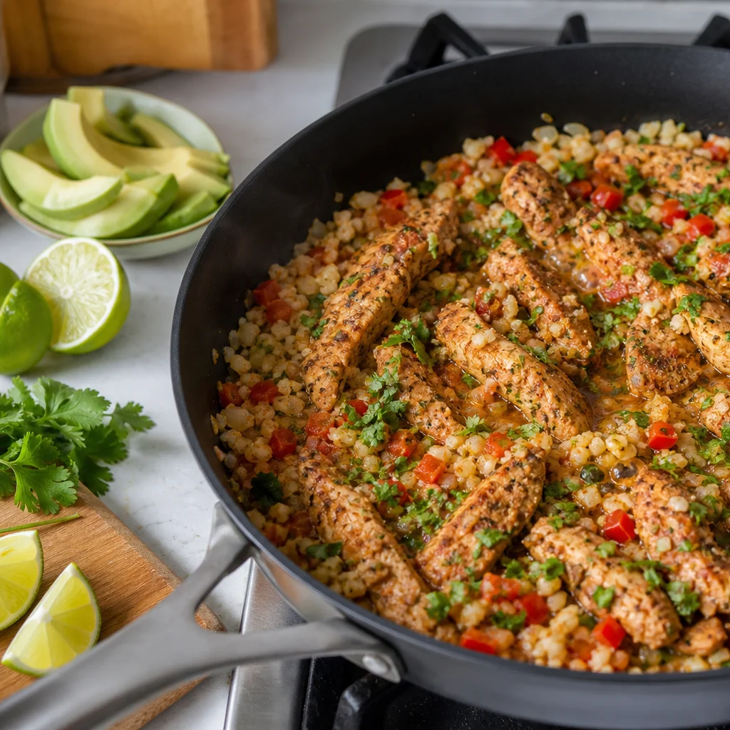 Skillet Spicy Cilantro Lime Chicken with Cauliflower Rice cooking in the recommended pan or pot