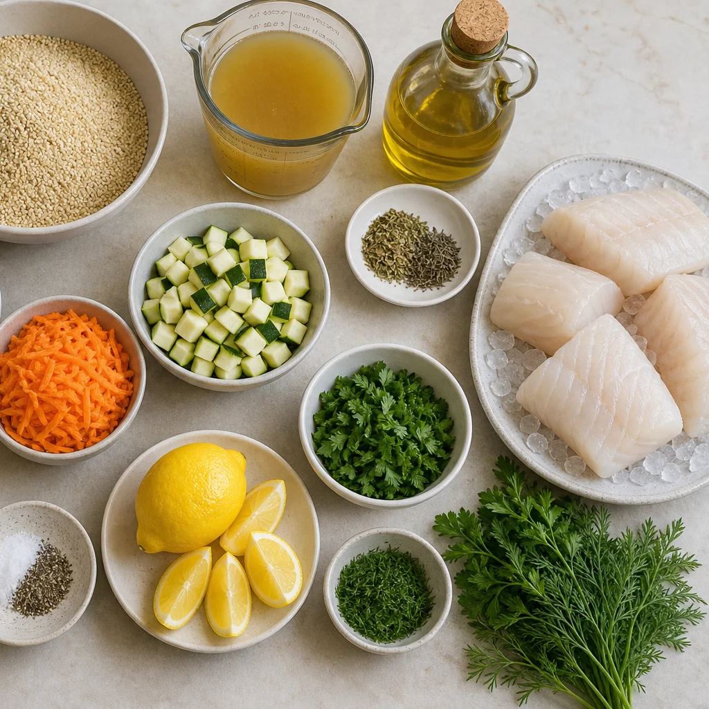 Ingredients for Instant Pot Pescatarian Lemon Herb Cod and Quinoa Pilaf