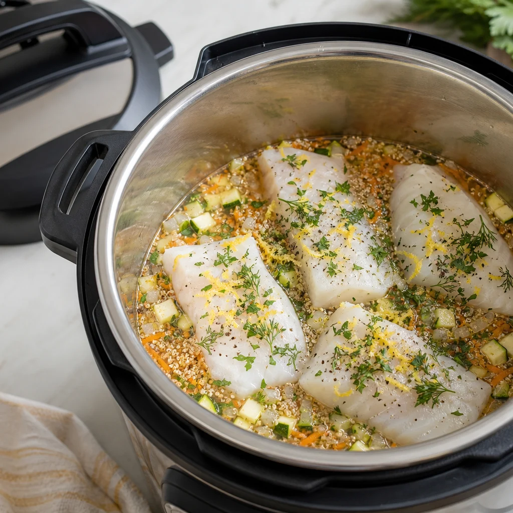 Instant Pot Pescatarian Lemon Herb Cod and Quinoa Pilaf cooking in the recommended pan or pot