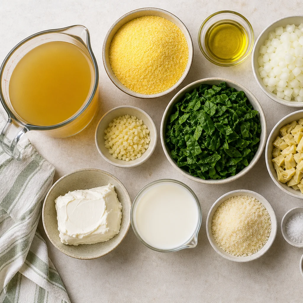 Ingredients for Creamy One-Pan Spinach and Artichoke Polenta Bake