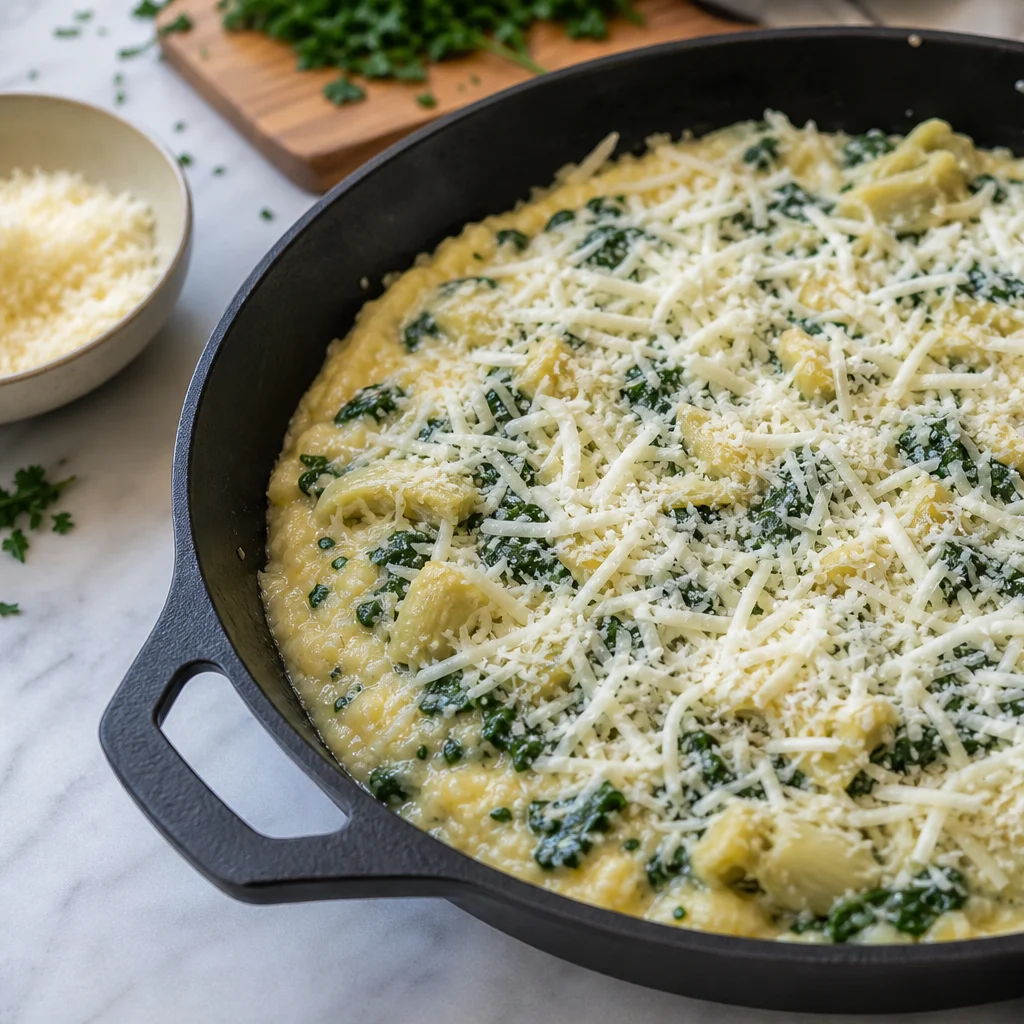 Creamy One-Pan Spinach and Artichoke Polenta Bake cooking in the recommended pan or pot