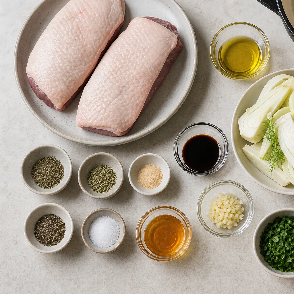 Ingredients for One-Pan Herb-Crusted Duck Breast with Roasted Fennel and Orange Glaze