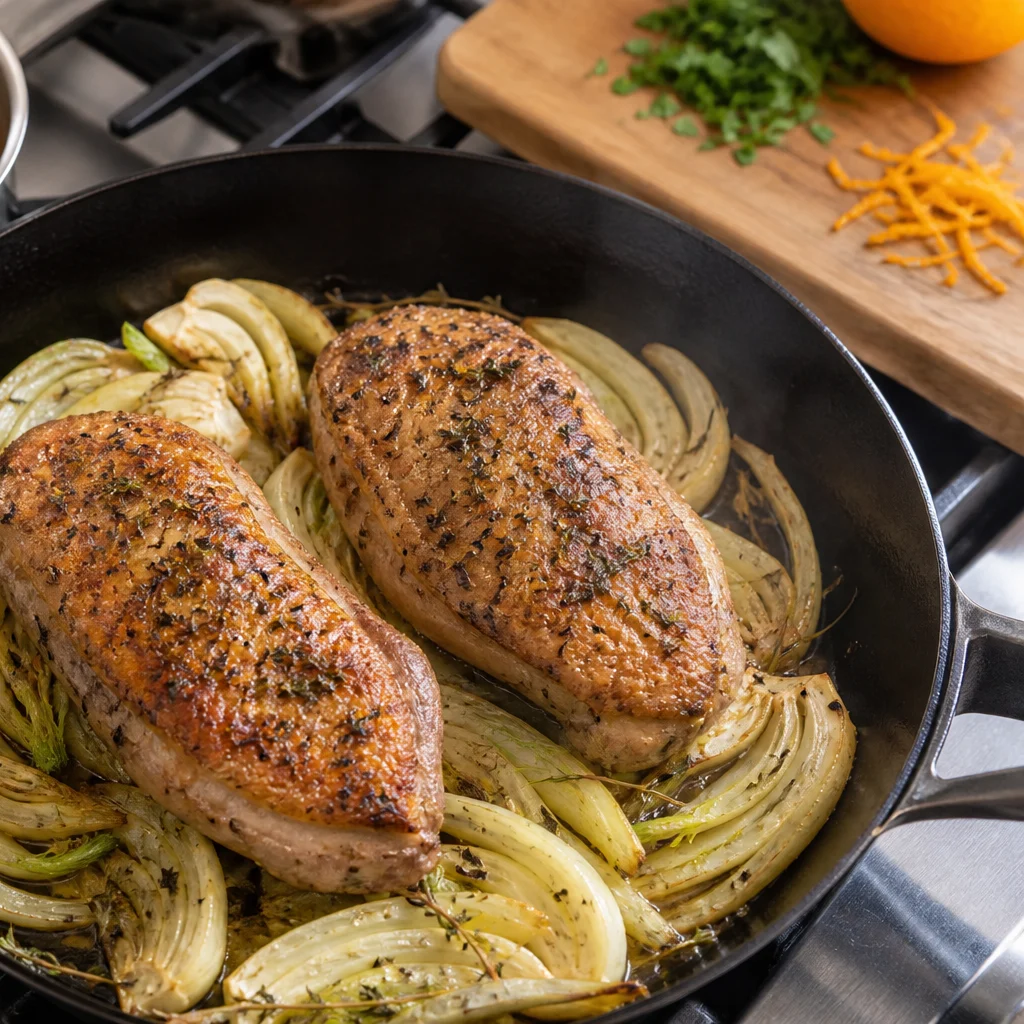 One-Pan Herb-Crusted Duck Breast with Roasted Fennel and Orange Glaze cooking in the recommended pan or pot