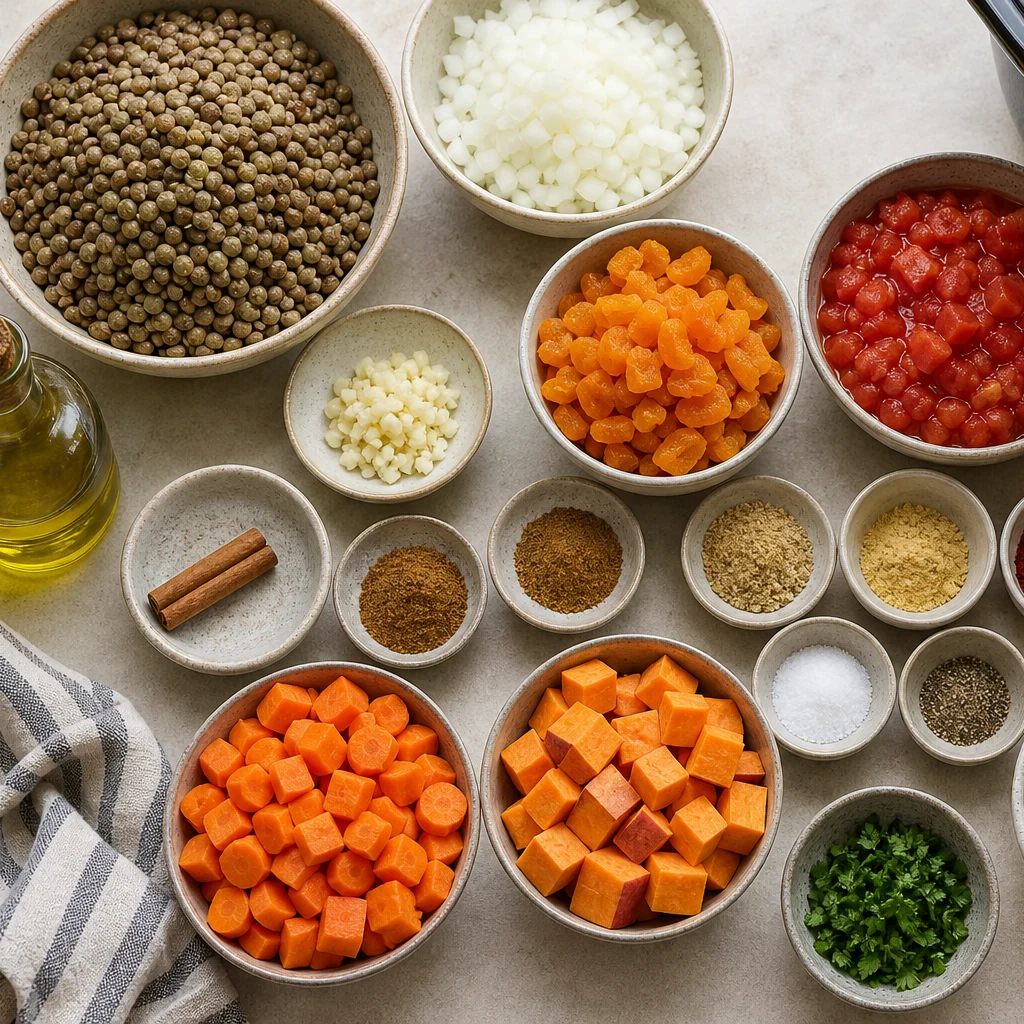 Ingredients for Slow Cooker Moroccan Lentil and Apricot Tagine