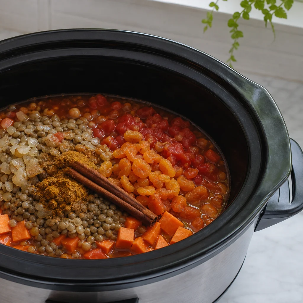 Slow Cooker Moroccan Lentil and Apricot Tagine cooking in the recommended pan or pot