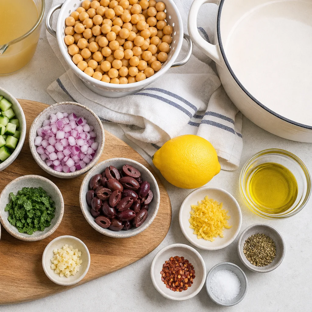 Ingredients for One-Pot Mediterranean Chickpea and Orzo Salad