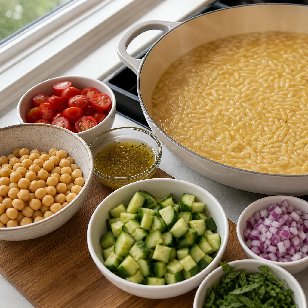 One-Pot Mediterranean Chickpea and Orzo Salad cooking in the recommended pan or pot