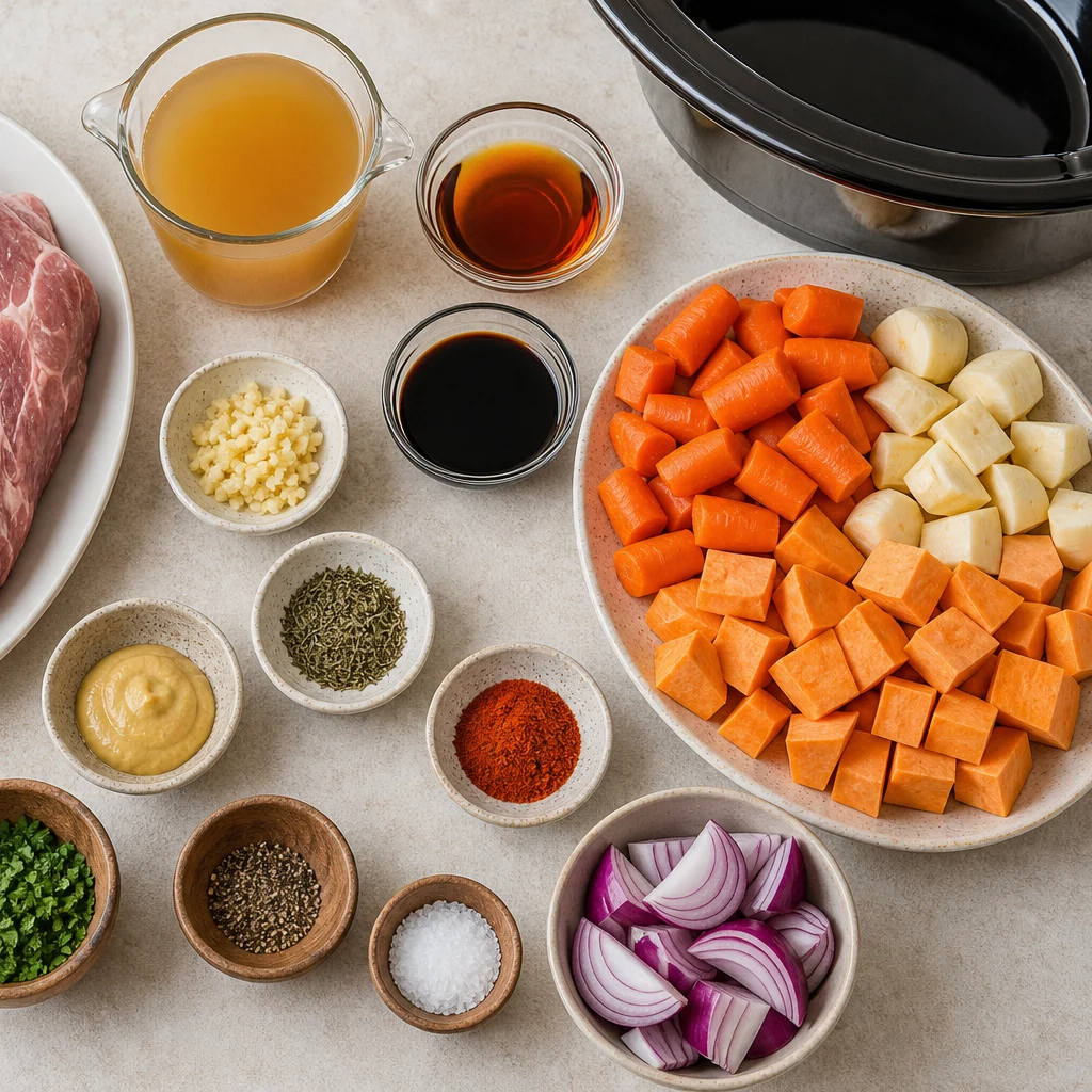 Ingredients for Slow Cooker Maple Balsamic Glazed Pork Shoulder with Roasted Root Vegetables