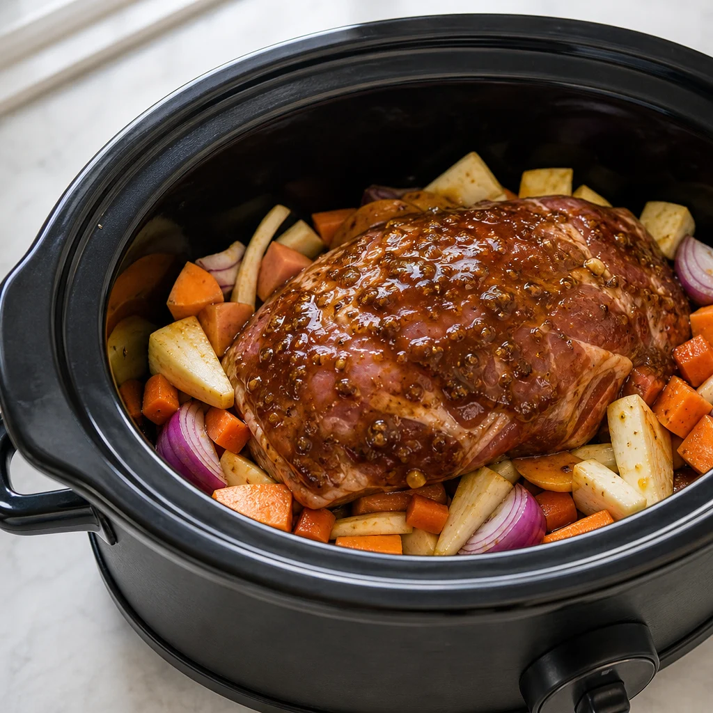 Slow Cooker Maple Balsamic Glazed Pork Shoulder with Roasted Root Vegetables cooking in the recommended pan or pot